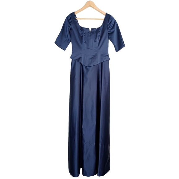 Mori Lee Satin Blue Mother of The Bride Floor Length Evening Gown - Picture 3 of 16